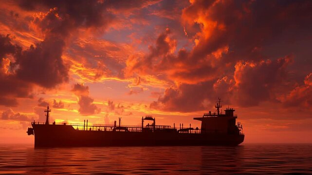 oil tanker silhouette in Strait of Hormuz at sunset, glowing sky, dramatic maritime scene, Silhouette of cargo ship at sunset. Vast ocean stretches beneath fiery sky. Clouds glow orange and crimson. 