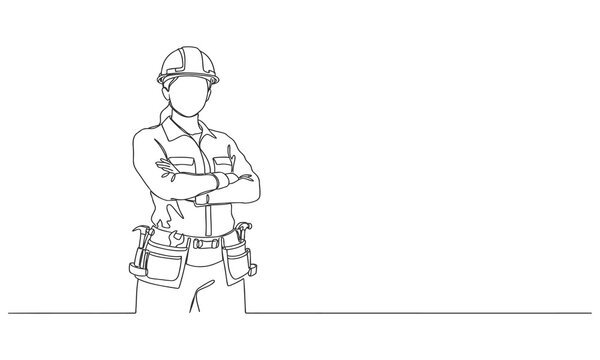 Continuous one line drawing of young handy woman pose cross arms on chest before going to work. Single line draw design vector graphic illustration