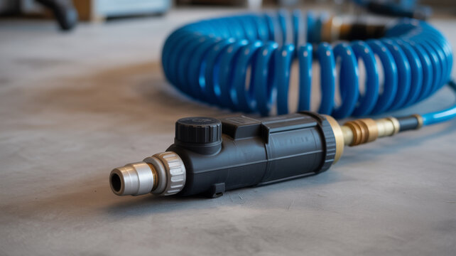 Close up of a coiled blue pneumatic hose and a black air regulator on a concrete floor Keywords: air hose, pneumatic hose, coiled hose, blue hose, air regulator