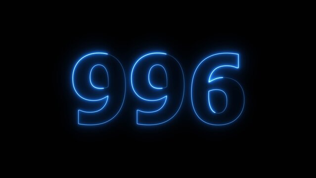 Abstract beautiful blue neon 996 number illustration background 4K. Glowing neon countdown number icon background.