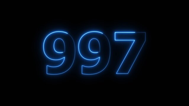Abstract beautiful blue neon 997 number illustration background 4K. Glowing neon countdown number icon background.