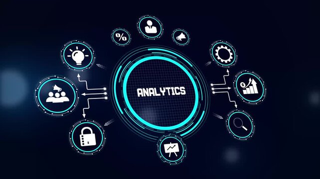 Business analytics HUD animation showing data tracking and research icons for financial reports, tech presentations and marketing insight