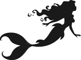 Obraz premium Dynamic Swimming Mermaid Silhouette: Black Vector Sea Siren in Motion with Flowing Hair and Tail for Travel, Adventure, and Marine Life Design