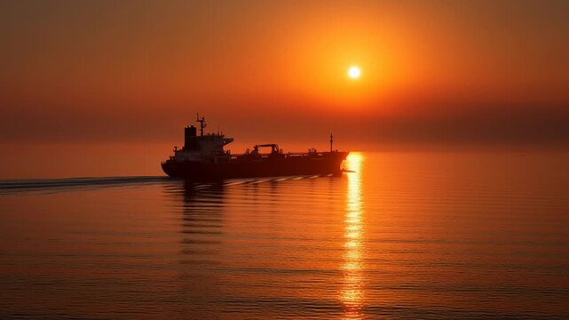sunrise over Strait of Hormuz with tanker ship moving across calm ocean, natural light, Sun dips low, casting golden rays across calm ocean. Ship sails ahead, dark outline against warm sky. 