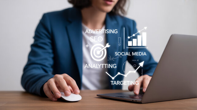 Business professional uses a laptop with digital marketing strategy icons for advertising SEO social media and data analysis at a desk