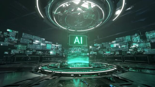 Futuristic Digital Environment Featuring Glowing AI Display Surrounded by Screens with High-Tech Light Effects
