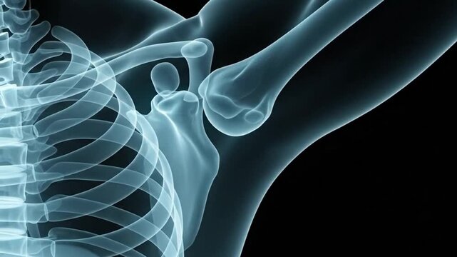 Human shoulder x ray showing ribcage and humerus bones