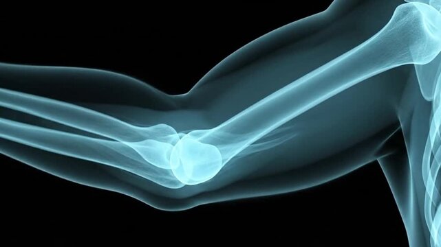 X ray of a human elbow joint with bones and forearm