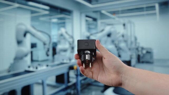 Hand holding smart socket device in automated factory