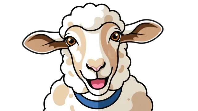 Cute Cartoon Sheep Portrait with Blue Collar and Happy Expression.