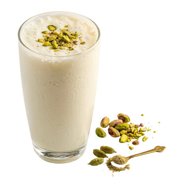 Creamy refreshing milkshake garnished with crushed pistachio nuts served in a tall glass tumbler isolated on transparent background