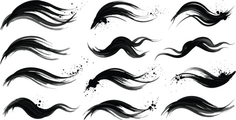 Fototapeta premium Black ink flowing brush strokes collection with dynamic wave swashes paint splatter texture abstract vector elements