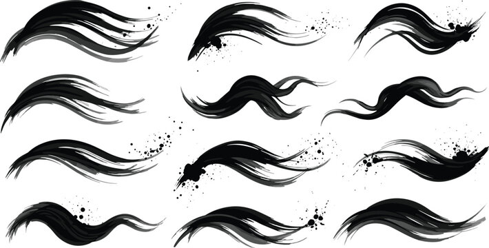 Black ink flowing brush strokes collection with dynamic wave swashes paint splatter texture abstract vector elements