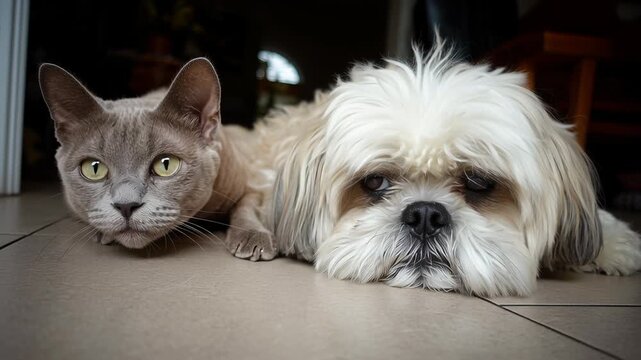 Neutral wide-angle minimal scene of a Devon Rex Cat and Shih Tzu Dog, Cat and dog rest side by side on tiled floor. Their calm gaze meets the camera's lens. Soft fur and gentle eyes create a serene 