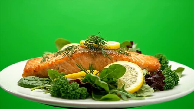 Grilled Salmon with Lemon and Vegetables on White Plate.