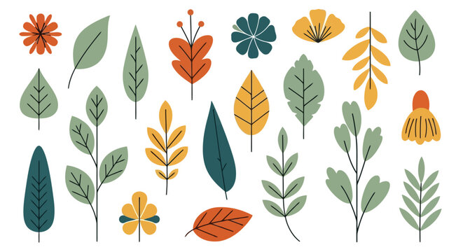 A vibrant collection of various autumn leaves and foliage in different shapes and colors