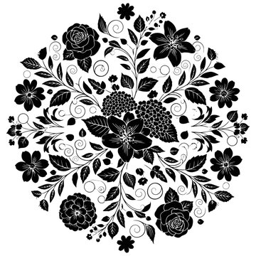 Elegant black and white floral mandala silhouette for decorative design