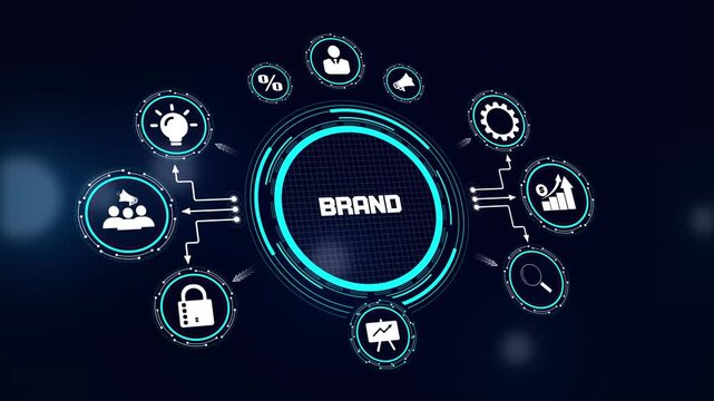 Brand identity concept HUD animation showing corporate logo and marketing icons for brand awareness and company profile videos