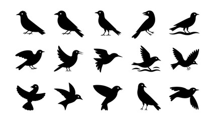 Fototapeta premium An extensive collection of fifteen varied black bird silhouettes captured in different flight and resting postures.