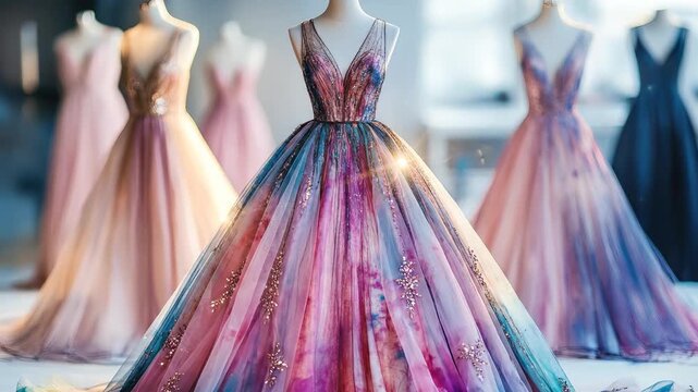 Elegant fashion atelier, featuring exquisite designer dresses on mannequins, showcasing custom sewing craftsmanship, luxurious garment design, and high fashion creativity