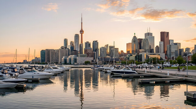 Toronto Skyline with CN Tower and Marina at Sunset with Reflections