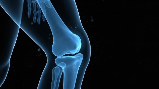 X ray of a human knee joint with bones and surrounding tissue