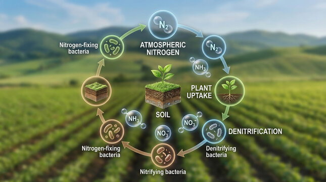 Illustration Depicting the Nitrogen Cycle in Agriculture, Showcasing Soil Interactions and Microbial Processes Essential for Plant Growth Highlighting a Learning and Education Concept
