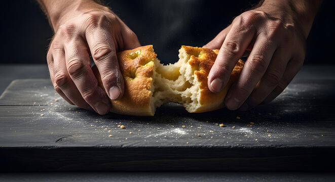 Baker breaking freshly baked focaccia, hands in flour, rustic bread close-up
