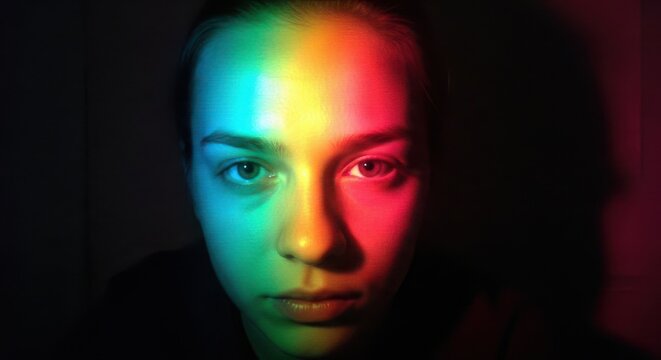 A woman's face with a rainbow light shining on it