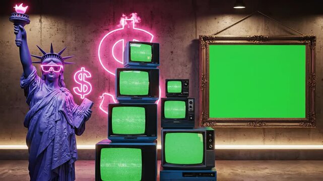 Retro television stack with statue of liberty and neon dollar sign art