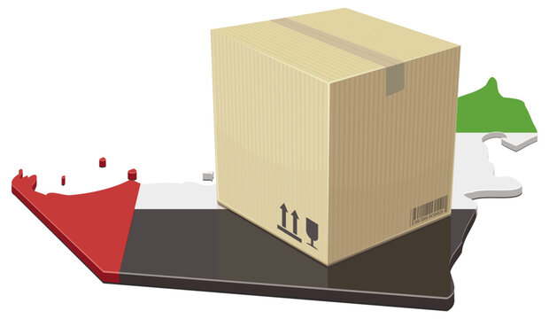 A cardboard delivery box on the United Arab Emirates map, representing UAE logistics, international trade, e-commerce, and cargo distribution (cut out).