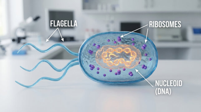 3d Illustration of a Bacterium Showcasing Its Structure, Including Flagella, Ribosomes, and Nucleoid of DNA Perfect for a Design Background Concept