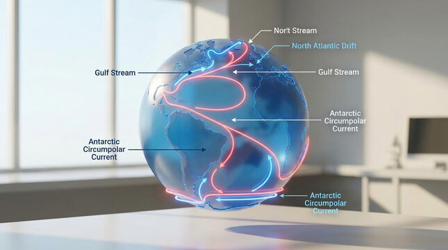 Detailed 3D Illustration of Ocean Currents, Highlighting the Gulf Stream and Antarctic Circumpolar Current Illustrating a Creative Art and Design Concept