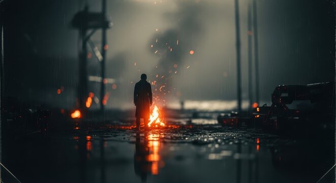 A man standing in front of a burning pile of debris on a wet street