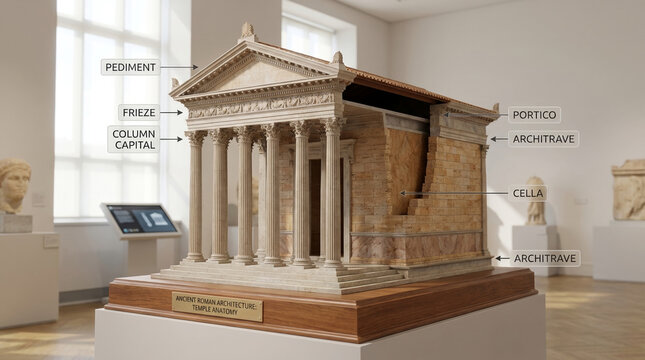 Detailed Architectural Model of an Ancient Roman Temple, Showcasing Its Design Features and Structural Elements Showcasing an Urban Architecture and City Concept