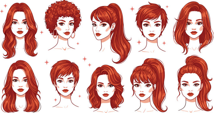Red hair women portrait set with various hairstyles including ponytail curly short and long styles modern beauty fashion vector illustration