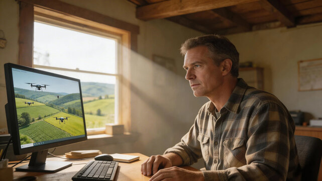 Commercial documentary photo, Medium portrait shot, a dedicated caucasian community leader who is building the foundation for a Renewable Future by monitoring agricultural drones above a green valley 