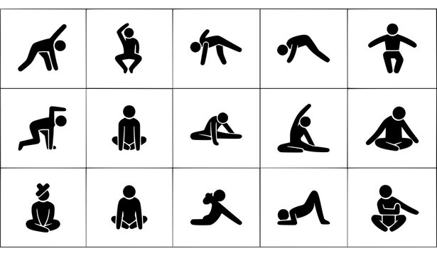 Workout and yoga icon pack with stretching and fitness poses in modern black silhouette vector design