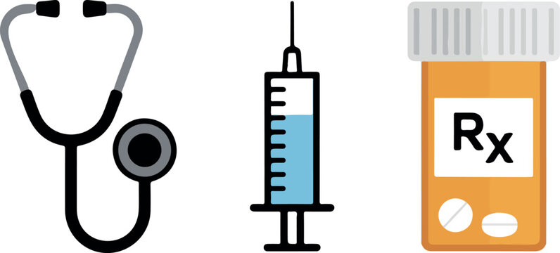 Medical icons set featuring stethoscope syringe with blue liquid and prescription pill bottle with Rx label on black background