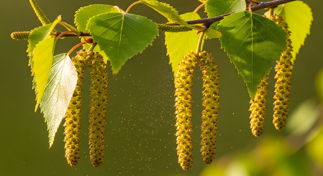 Blooming birch tree in spring, pollen and allergy season, nature detail