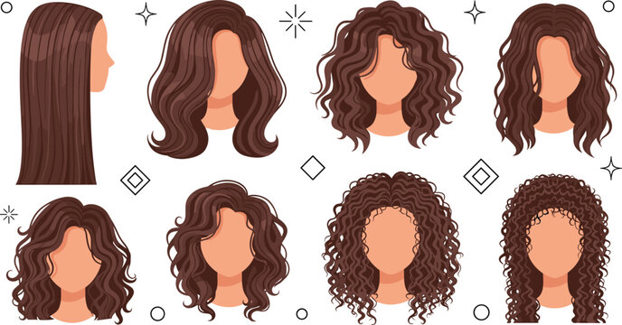 Women curly and wavy hairstyle collection vector illustration with different brown hair styles modern beauty avatar set
