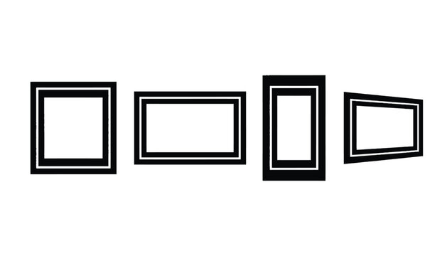 A set of four black picture frames in different orientations and shapes