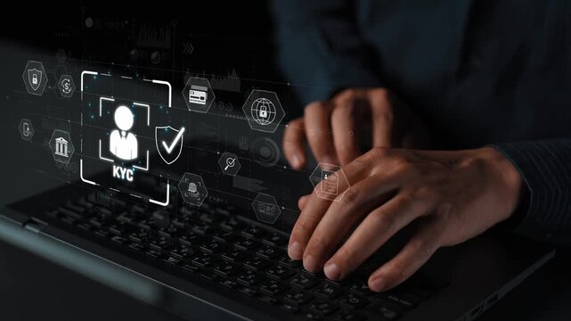 Digital KYC verification with biometric scan, ID authentication, and financial security icons representing identity verification, secure onboarding, fraud prevention, and compliance Marrow