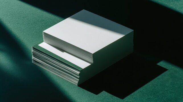 A stack of blank white business cards on a textured green surface with dramatic lighting casting shadows