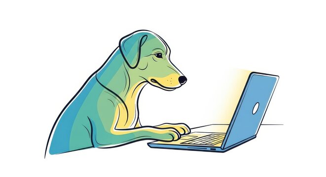 A dog sitting at a laptop computer