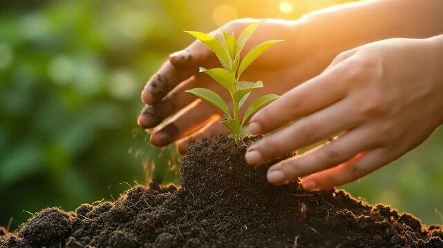 Caring hands planting a young green sprout in dark soil under warm golden sunset light, protecting ecology and nature. Cinematic video.