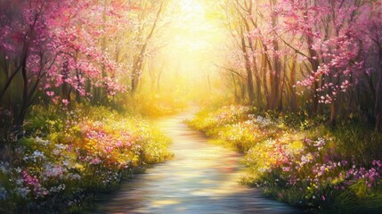 Fototapeta premium A sun-drenched forest path lined with vibrant pink blossoms and colorful wildflowers