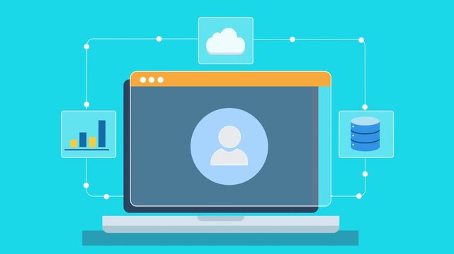 Animated flat illustration of a laptop displaying cloud analytics user dashboard with charts, database, and data monitoring interface on a minimal background.