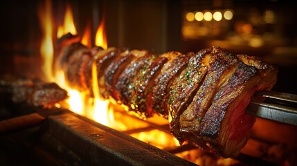 Steak sliced at the steakhouse, barbecue picanha, rotisserie.