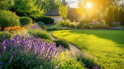 Obraz premium A meticulously designed garden with lush landscaping and vibrant flowers under warm sunlight, inviting tranquility and natural beauty.
